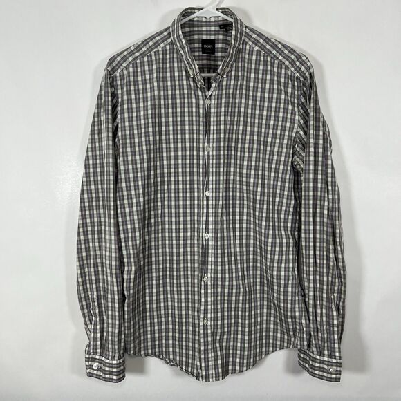 Hugo Boss Slim Fit Button Down Shirt Mens Size Medium Purple Gray Plaid LS - Picture 1 of 12